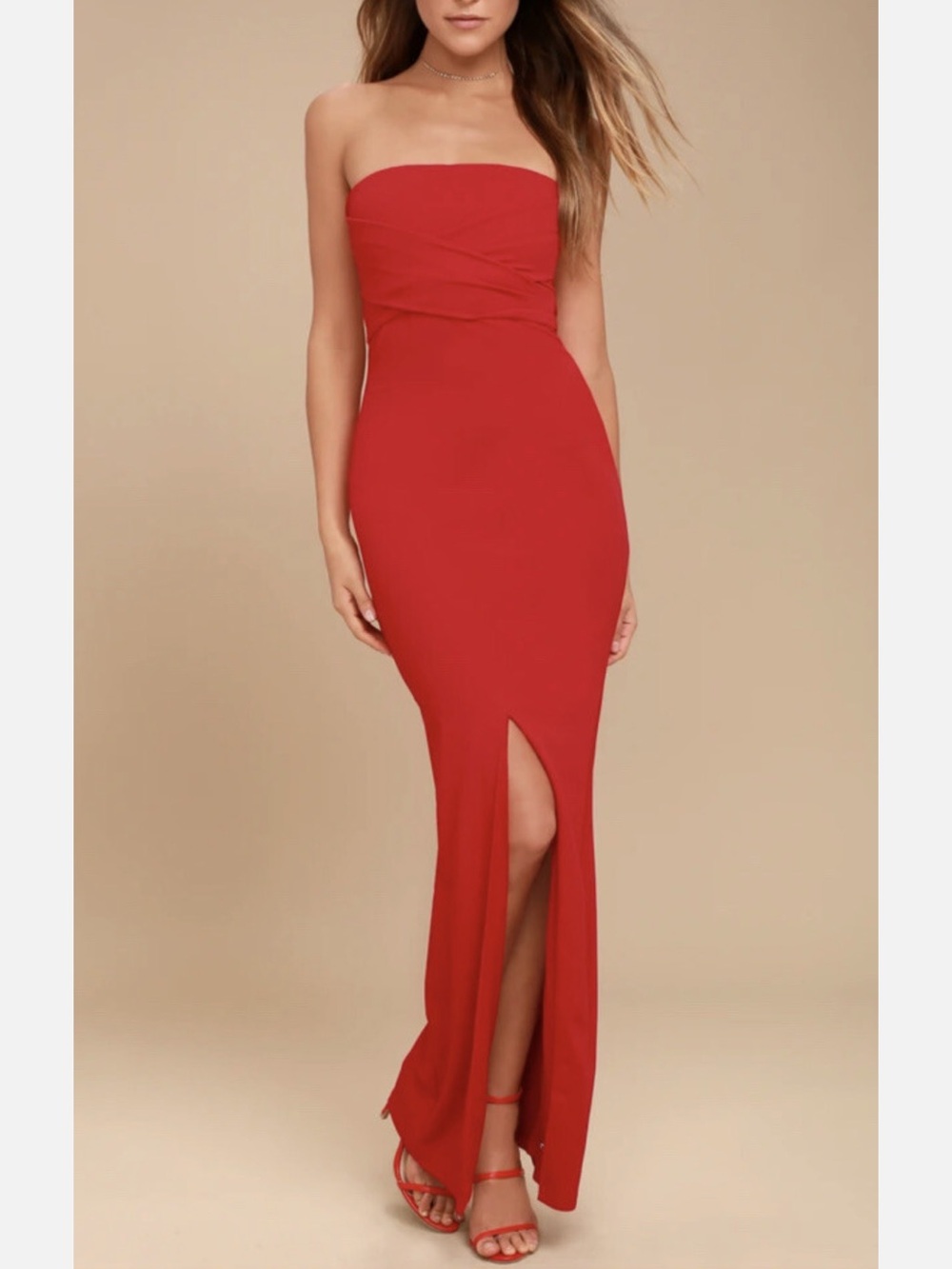 Lulus Red Strapless Evening Dress with Slit
